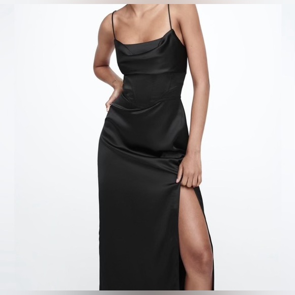 Zara Women’s High Slit Black Satin Corset Midi Dress - Picture 1 of 12